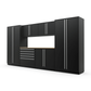 Proslat FusionPlus 13 ft MAX garage cabinet set in Black with Silver handles and a Maple Wood worktop