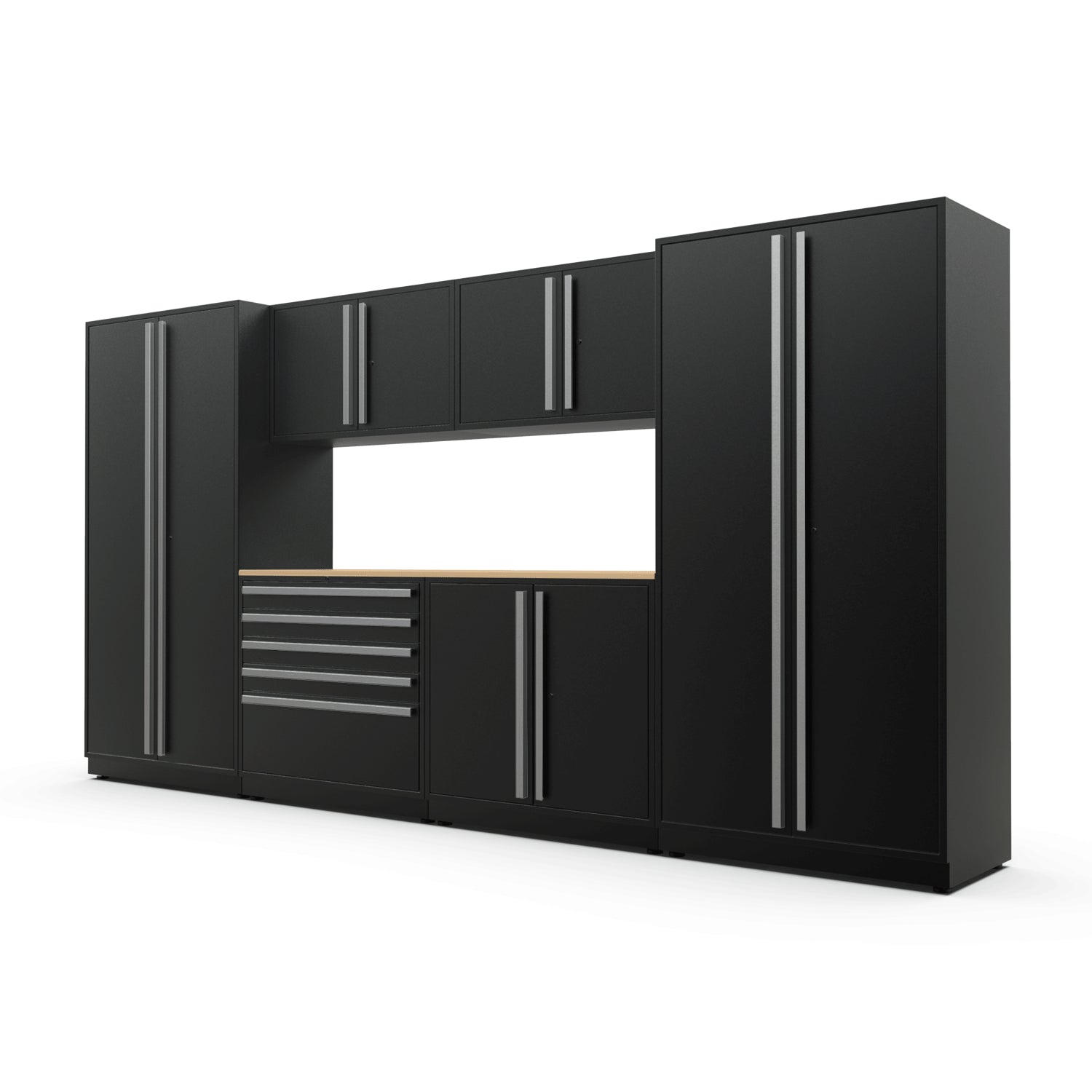 Proslat FusionPlus 13 ft MAX garage cabinet set in Black with Silver handles and a Maple Wood worktop