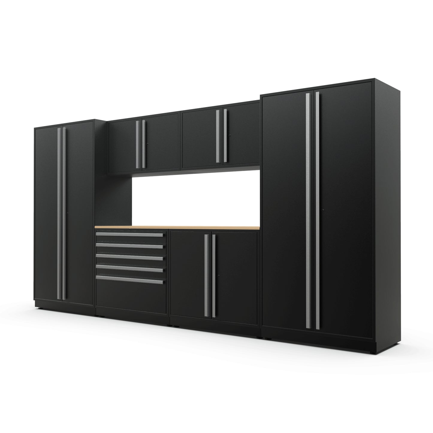 Proslat FusionPlus 13 ft MAX garage cabinet set in Black with Silver handles and a Maple Wood worktop