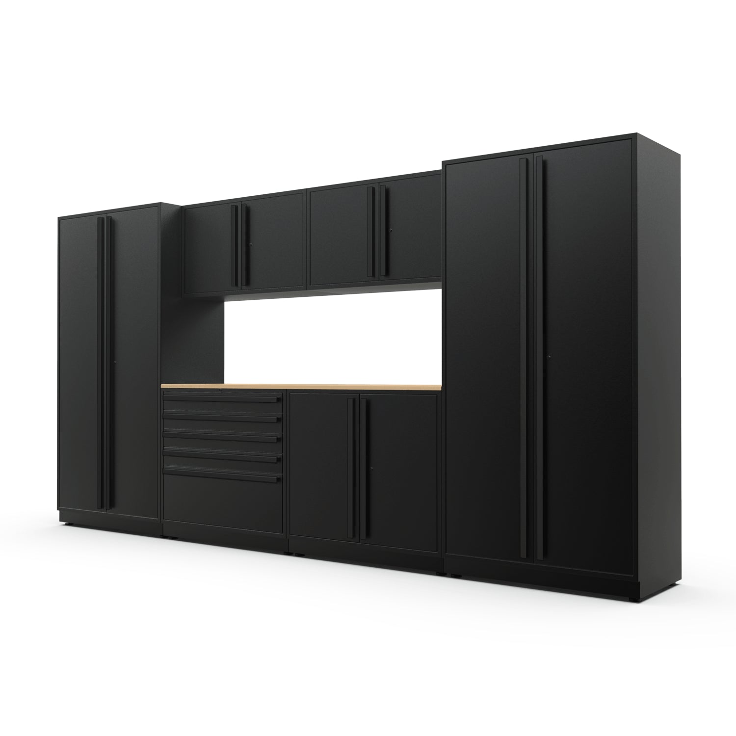 Proslat FusionPlus 13 ft MAX garage cabinet set in Black with Black handles and a Maple Wood worktop