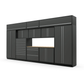 Proslat FusionPlus 16 ft TOOL garage cabinet set with overheads in Traffic Gray with Silver handles and a Maple Wood worktop