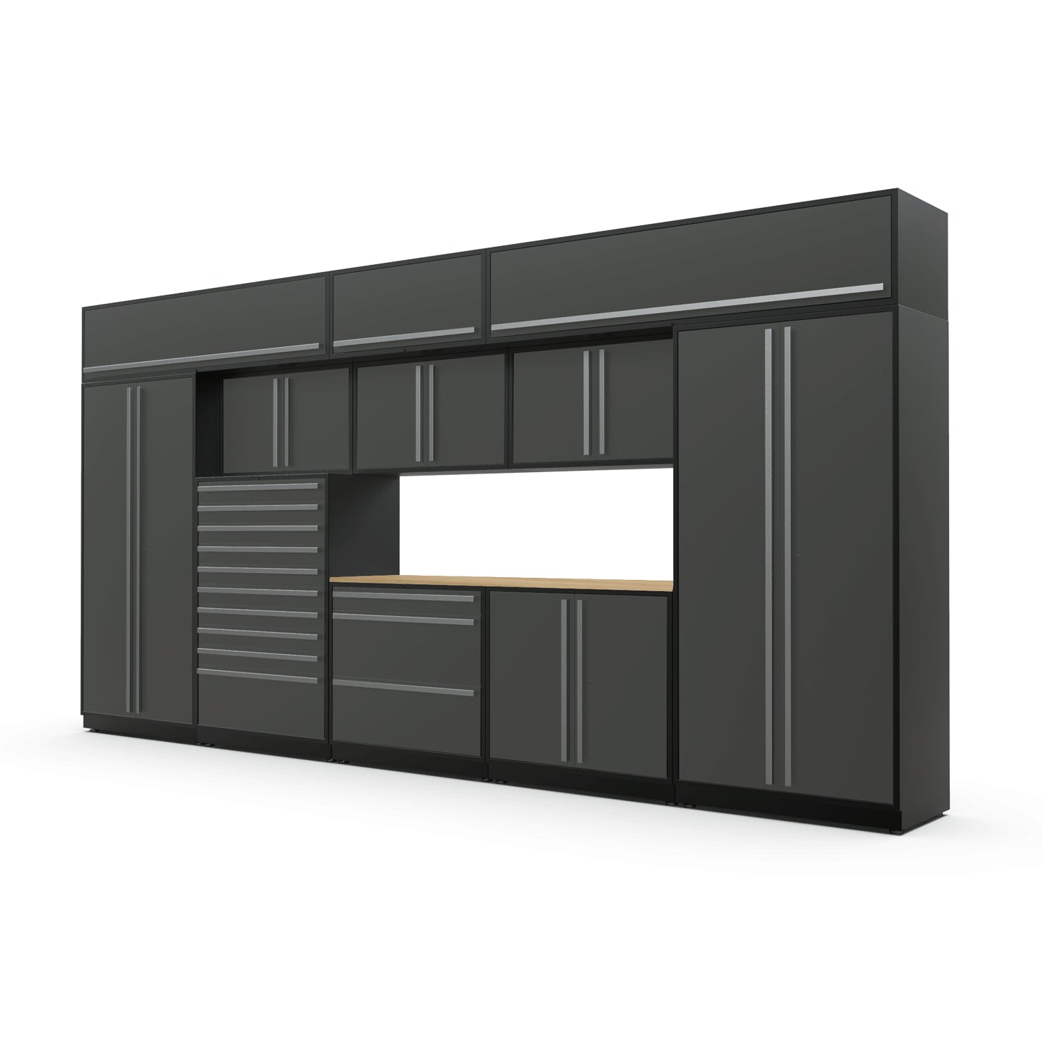 Proslat FusionPlus 16 ft TOOL garage cabinet set with overheads in Traffic Gray with Silver handles and a Maple Wood worktop