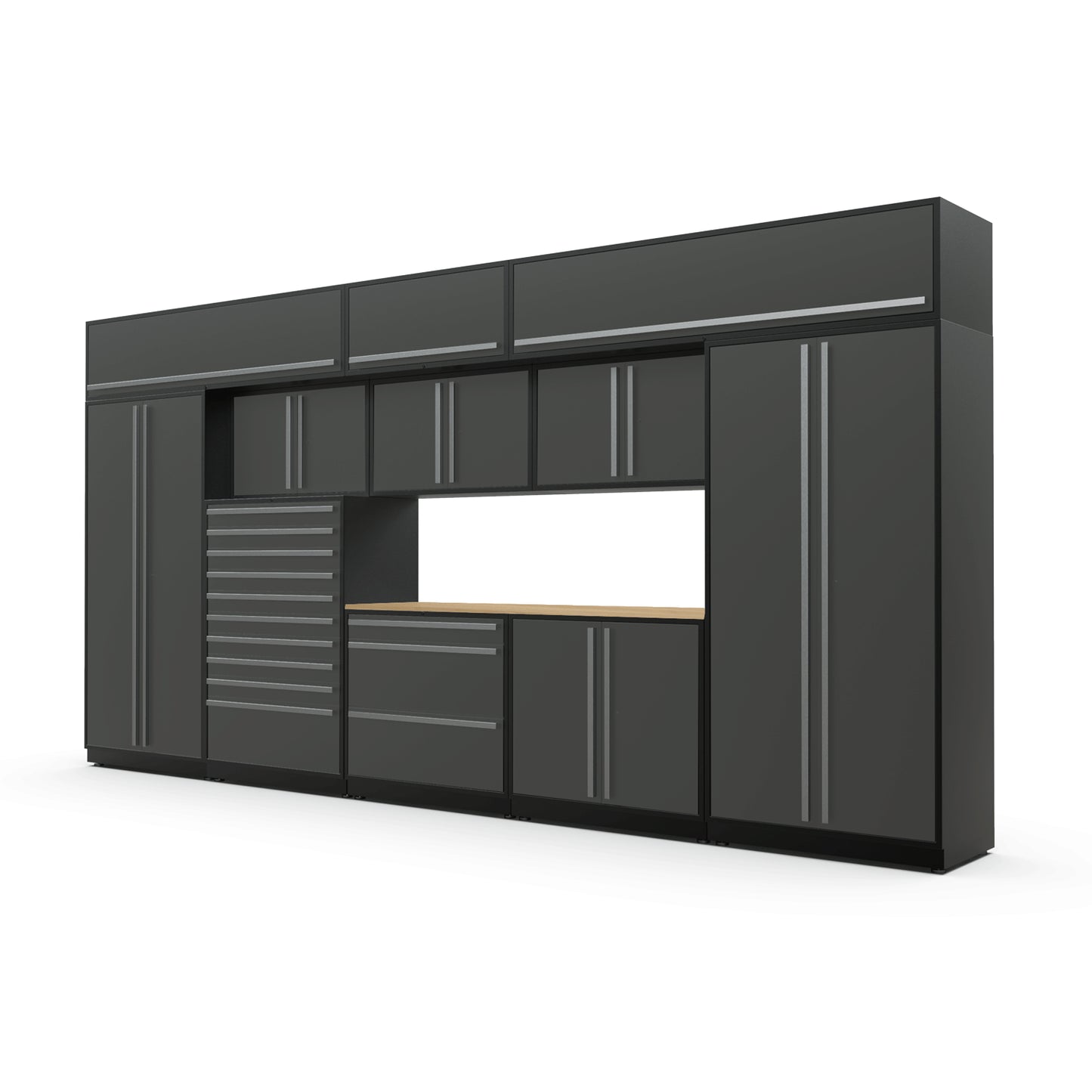Proslat FusionPlus 16 ft TOOL garage cabinet set with overheads in Traffic Gray with Silver handles and a Maple Wood worktop