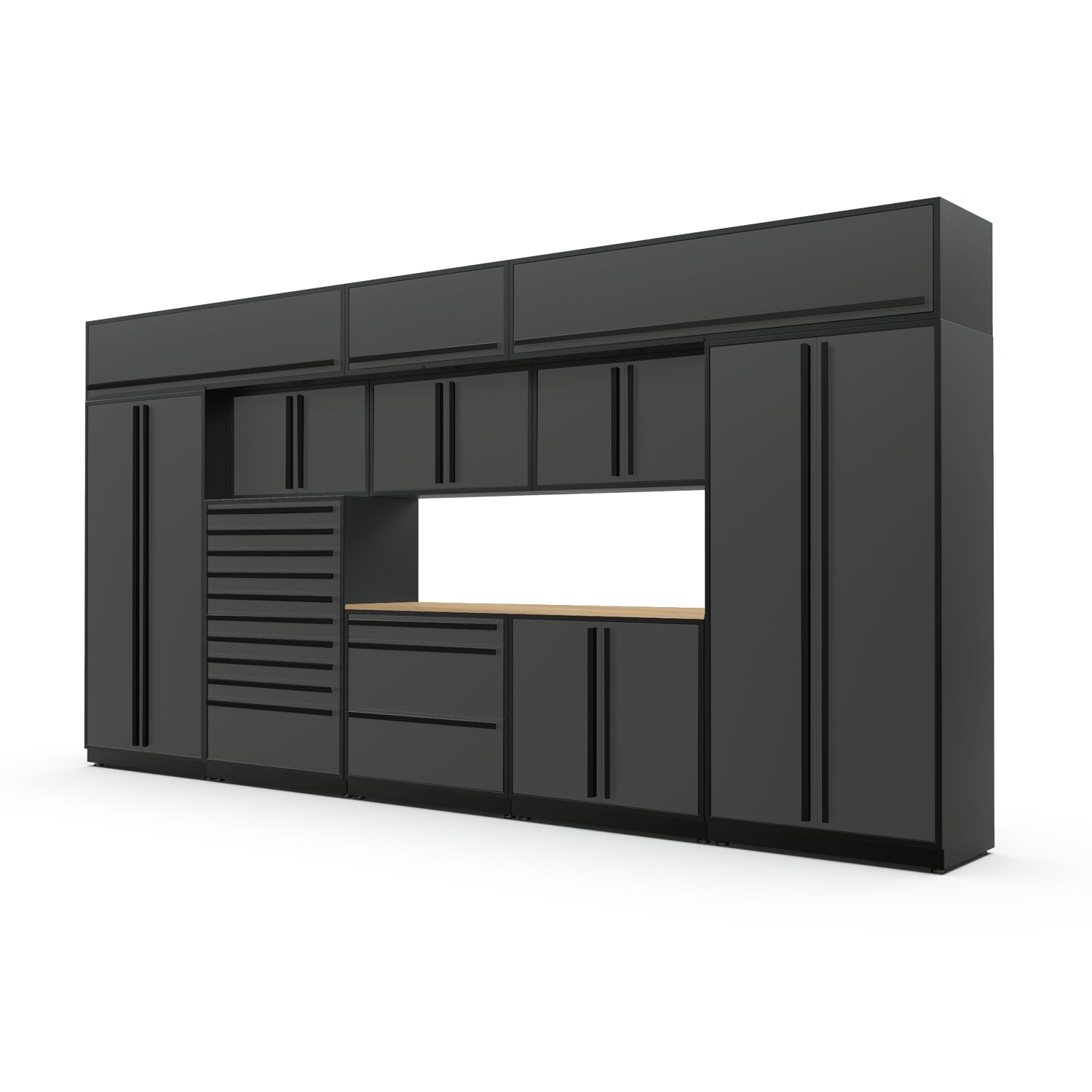 Proslat FusionPlus 16 ft TOOL garage cabinet set with overheads in Traffic Gray with Black handles and a Maple Wood worktop