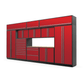 Proslat FusionPlus 16 ft TOOL garage cabinet set with overheads in Traffic Red with Silver handles and a Maple Wood worktop