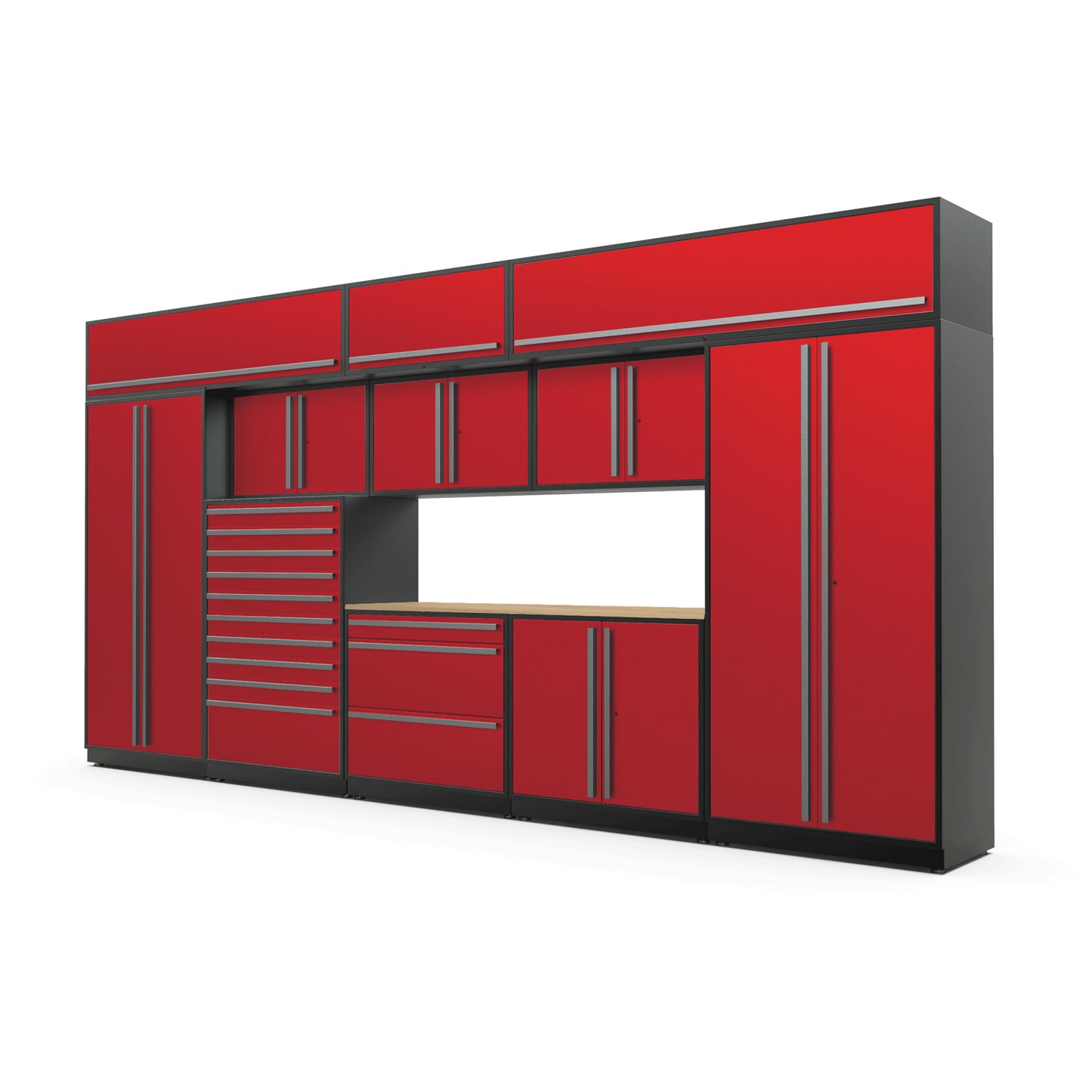 Proslat FusionPlus 16 ft TOOL garage cabinet set with overheads in Traffic Red with Silver handles and a Maple Wood worktop