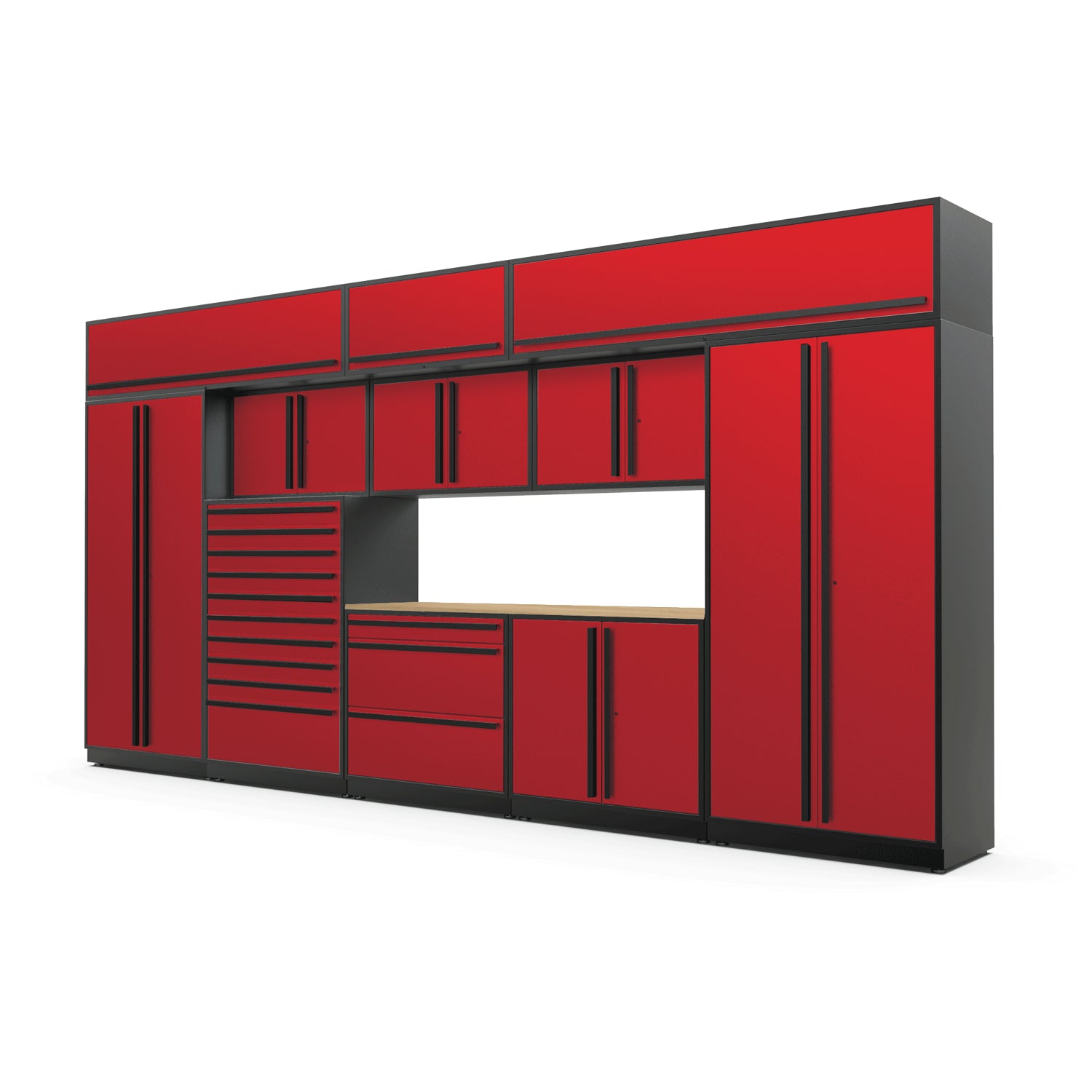 Proslat FusionPlus 16 ft TOOL garage cabinet set with overheads in Traffic Red with Black handles and a Maple Wood worktop