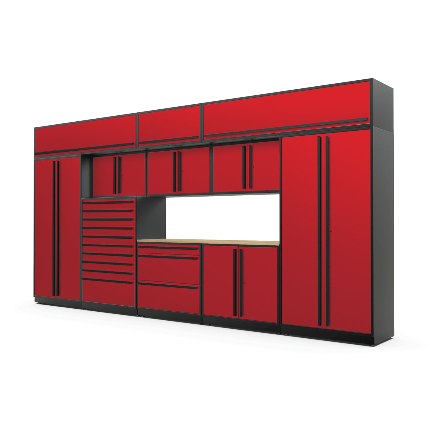 Proslat FusionPlus 16 ft TOOL garage cabinet set with overheads in Traffic Red with Black handles and a Maple Wood worktop