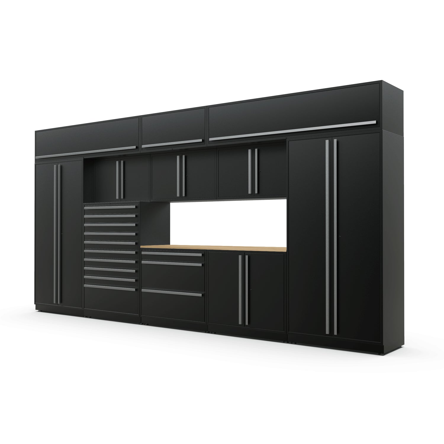 Proslat FusionPlus 16 ft TOOL garage cabinet set with overheads in Black with Silver handles and a Maple Wood worktop