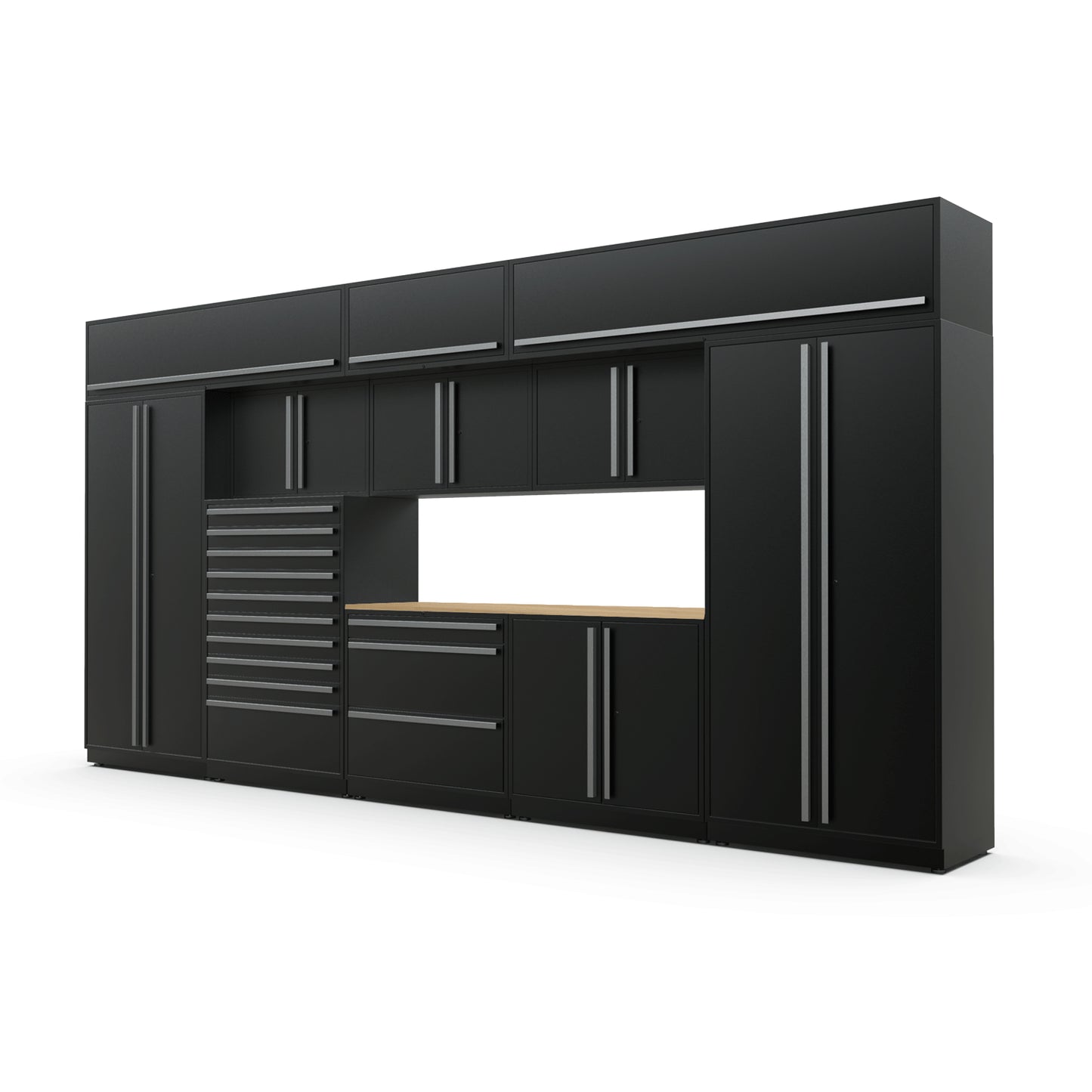 Proslat FusionPlus 16 ft TOOL garage cabinet set with overheads in Black with Silver handles and a Maple Wood worktop