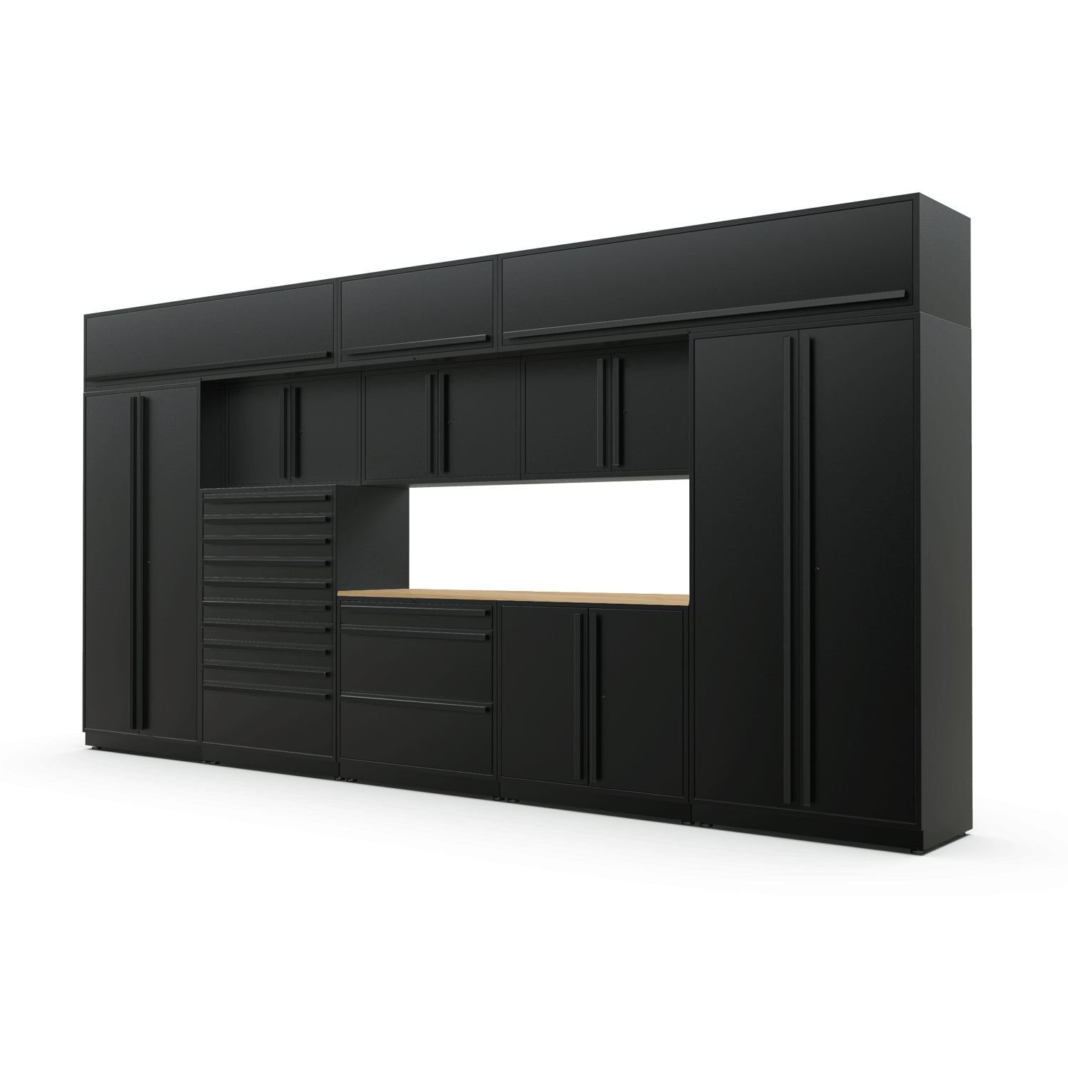 Proslat FusionPlus 16 ft TOOL garage cabinet set with overheads in Black with Black handles and a Maple Wood worktop