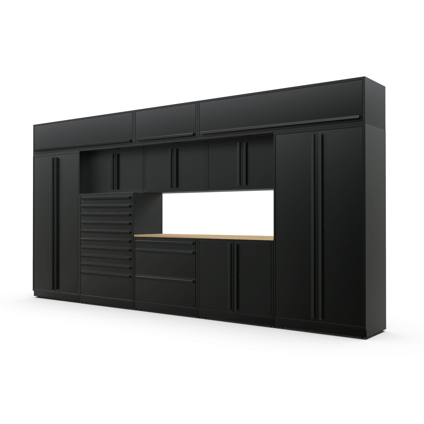 Proslat FusionPlus 16 ft TOOL garage cabinet set with overheads in Black with Black handles and a Maple Wood worktop