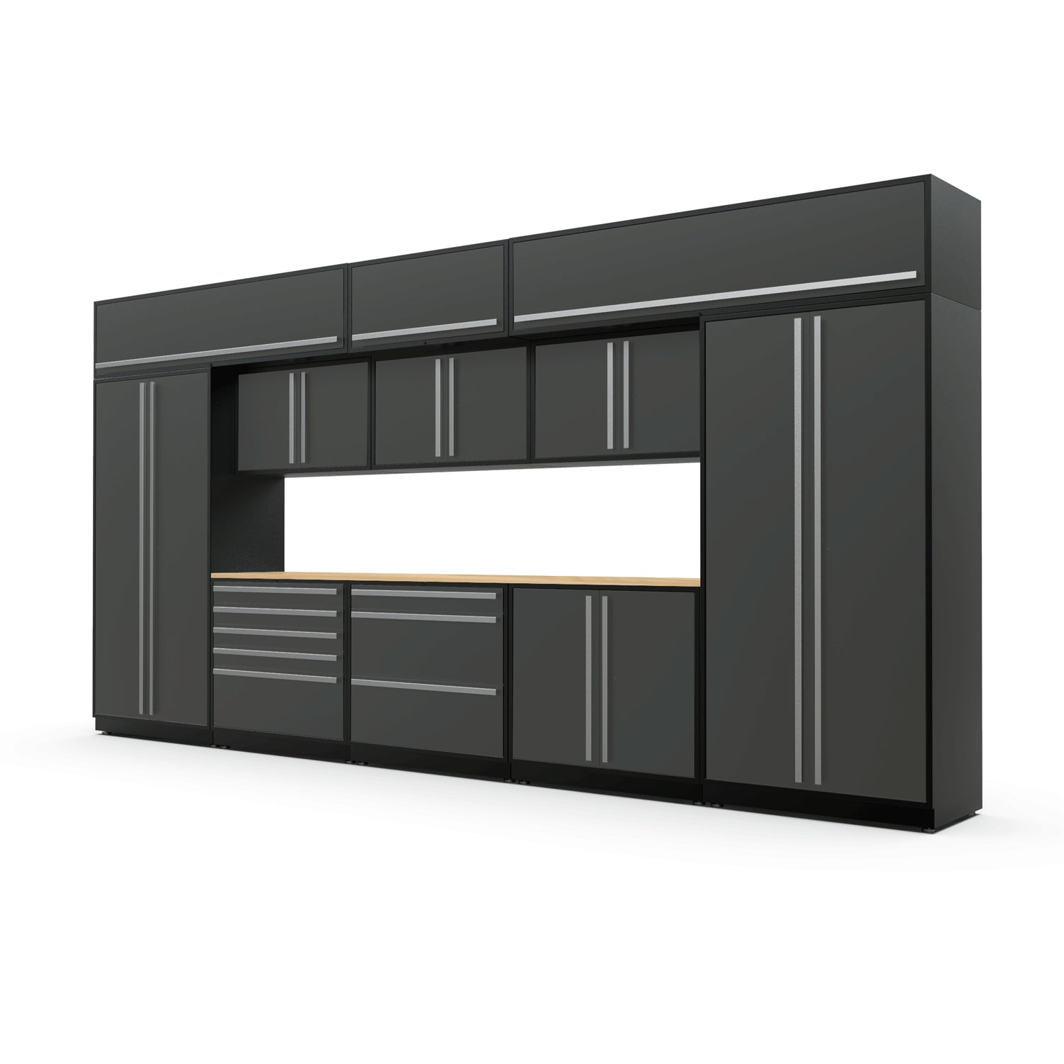 Proslat FusionPlus 16 ft MAX garage cabinet set with overheads in Traffic Gray with Silver handles and a Maple Wood worktop