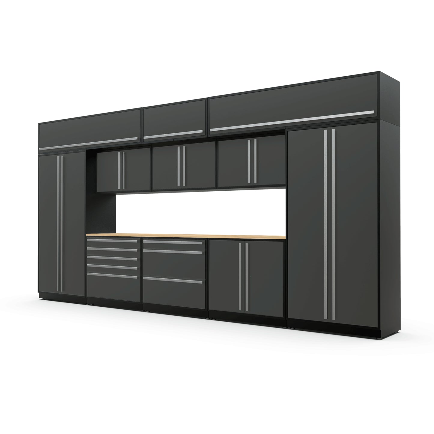 Proslat FusionPlus 16 ft MAX garage cabinet set with overheads in Traffic Gray with Silver handles and a Maple Wood worktop