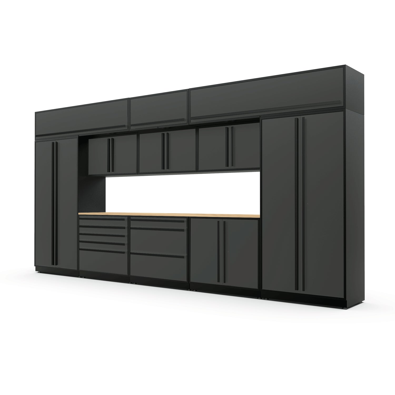 Proslat FusionPlus 16 ft MAX garage cabinet set with overheads in Traffic Gray with Black handles and a Maple Wood worktop