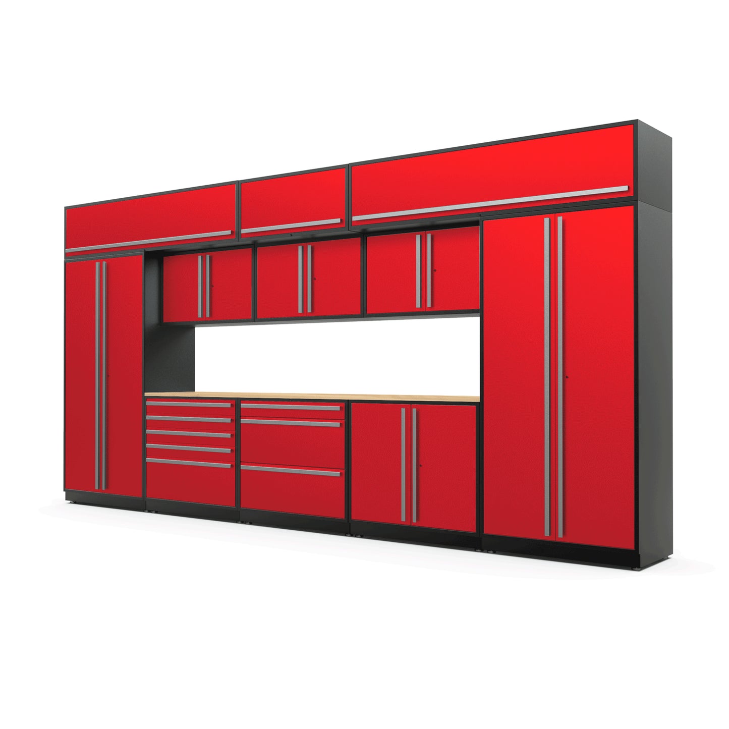 Proslat FusionPlus 16 ft MAX garage cabinet set with overheads in Traffic Red with Silver handles and a Maple Wood worktop