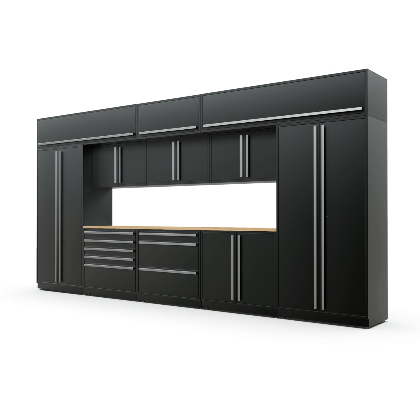 Proslat FusionPlus 16 ft MAX garage cabinet set with overheads in Black with Silver handles and a Maple Wood worktop