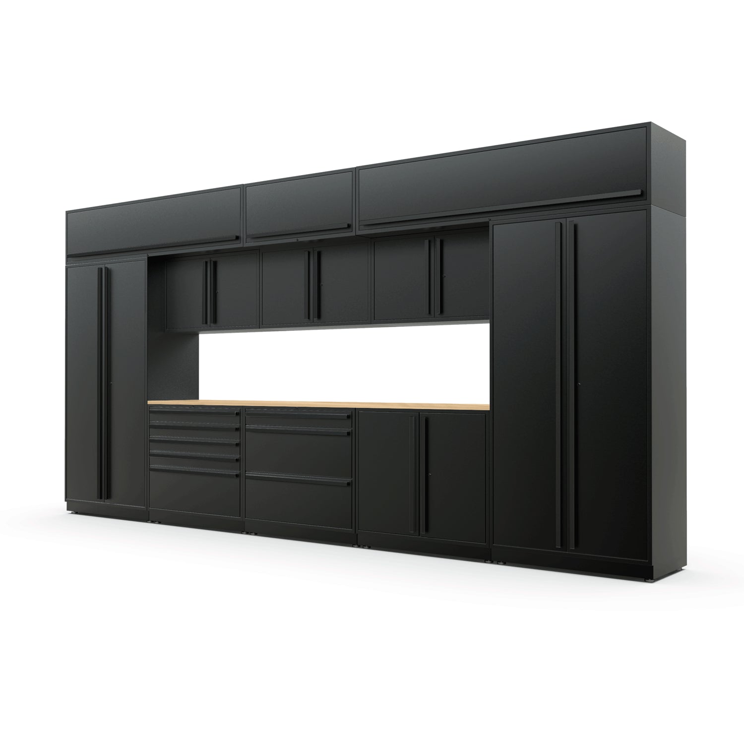 Proslat FusionPlus 16 ft MAX garage cabinet set with overheads in Black with Black handles and a Maple Wood worktop
