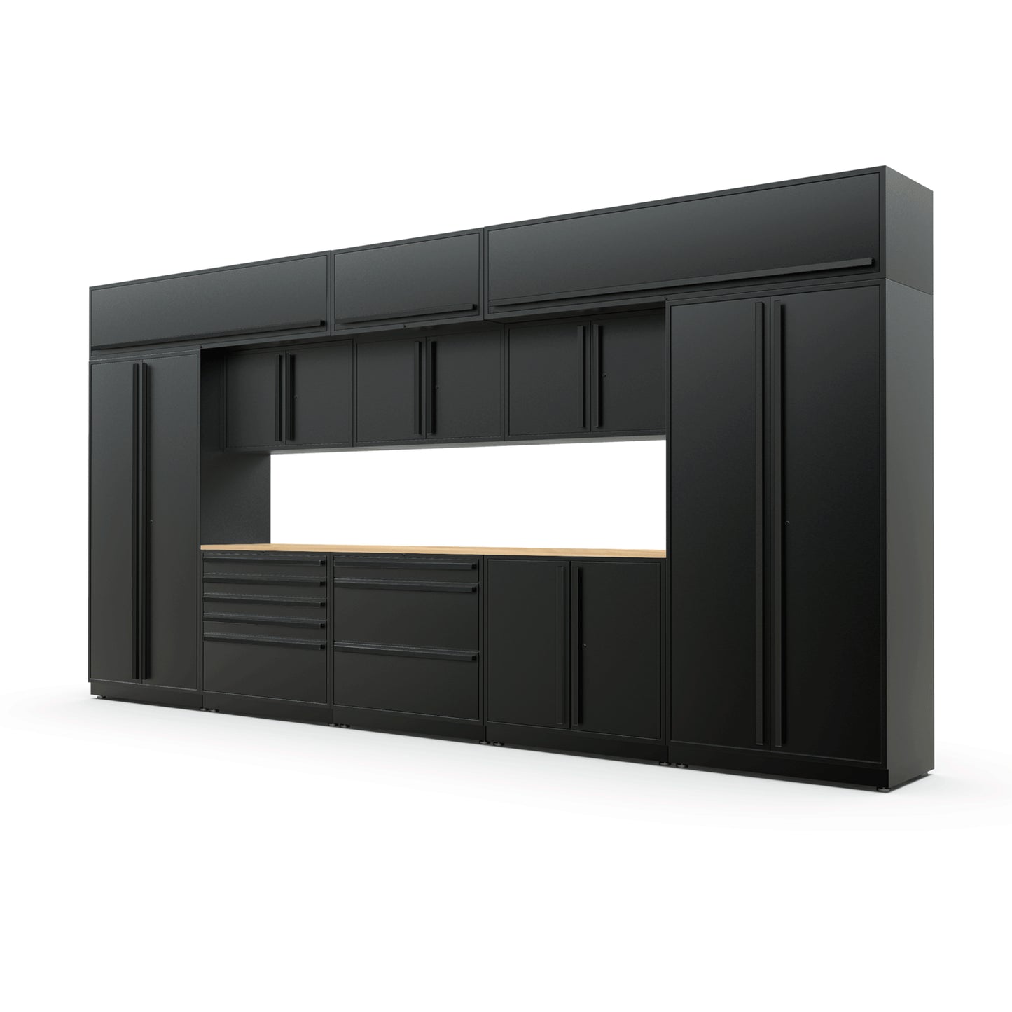 Proslat FusionPlus 16 ft MAX garage cabinet set with overheads in Black with Black handles and a Maple Wood worktop