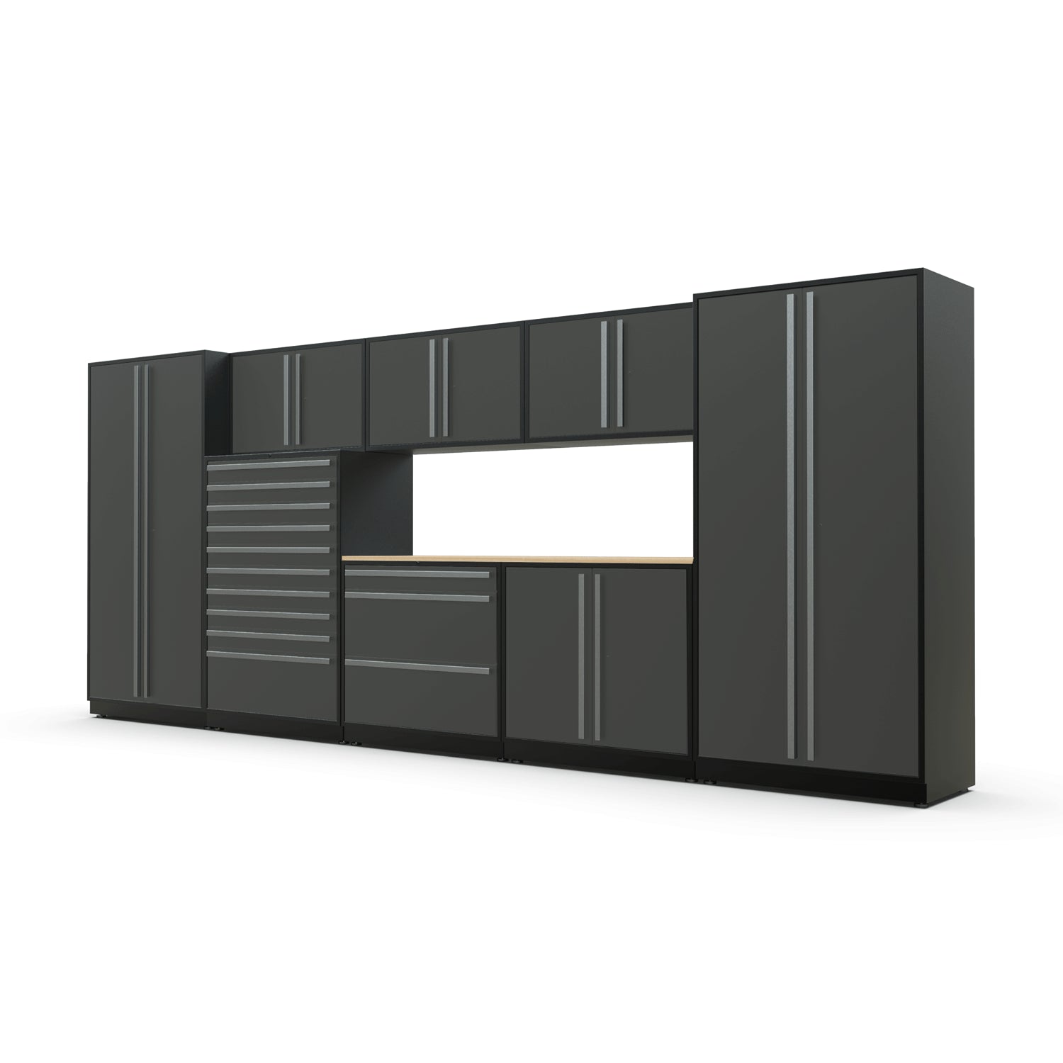 Proslat FusionPlus 16 ft TOOL garage cabinet set in Traffic Gray with Silver handles and a Maple Wood worktop