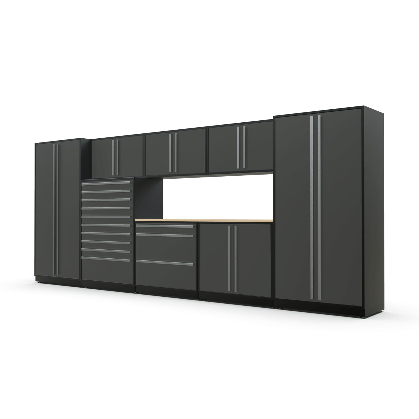 Proslat FusionPlus 16 ft TOOL garage cabinet set in Traffic Gray with Silver handles and a Maple Wood worktop