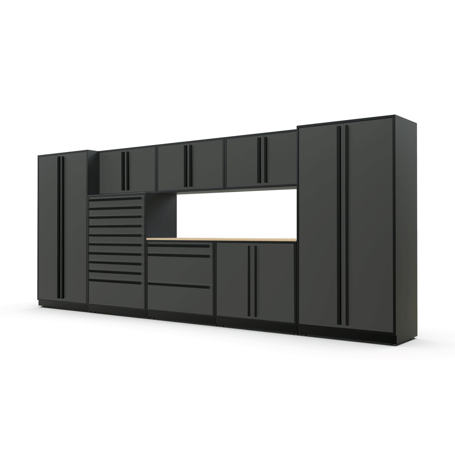 Proslat FusionPlus 16 ft TOOL garage cabinet set in Traffic Gray with Black handles and a Maple Wood worktop