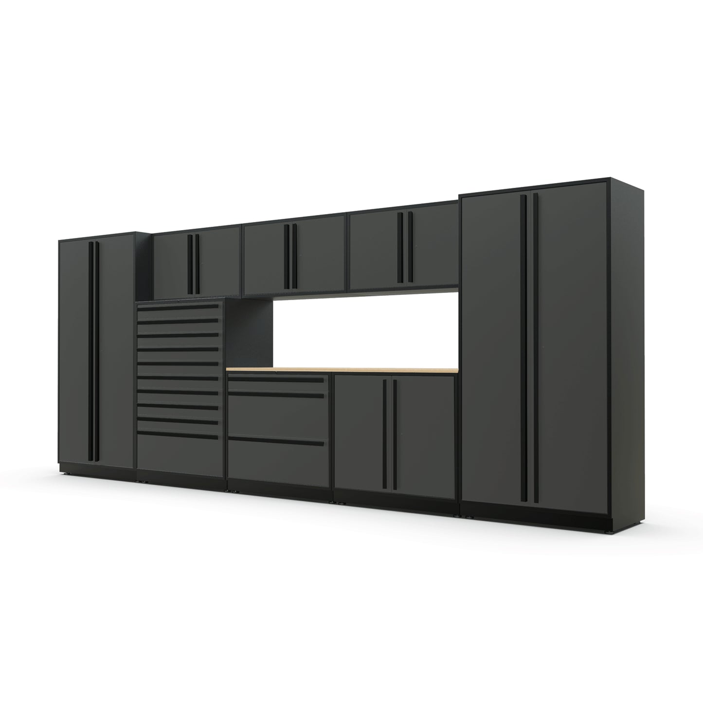 Proslat FusionPlus 16 ft TOOL garage cabinet set in Traffic Gray with Black handles and a Maple Wood worktop