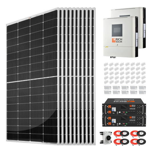 Rich Solar 2500W 48VDC 240VAC Complete Hybrid Solar Kit | 10.24kWh LiFePO4 Battery Backup