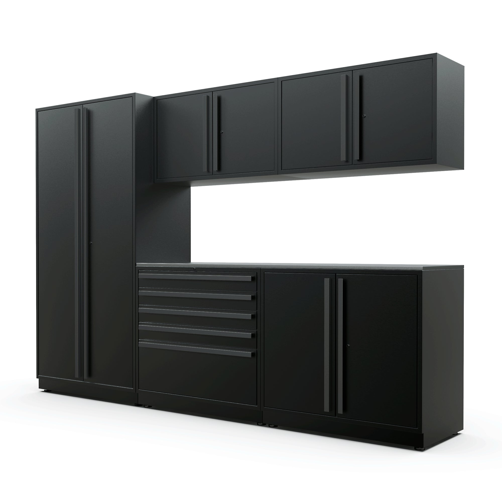 Proslat FusionPlus 10 ft MAX garage cabinet set in Black with Black handles and a Stainless Steel worktop