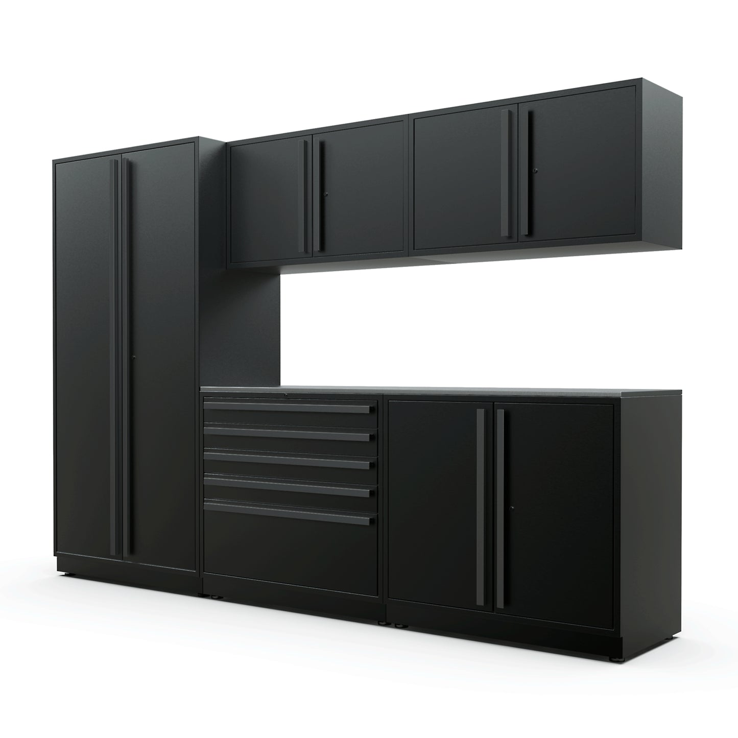 Proslat FusionPlus 10 ft MAX garage cabinet set in Black with Black handles and a Stainless Steel worktop