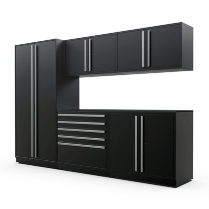 Proslat FusionPlus 10 ft MAX garage cabinet set in Black with Silver handles and a Powder Coated worktop
