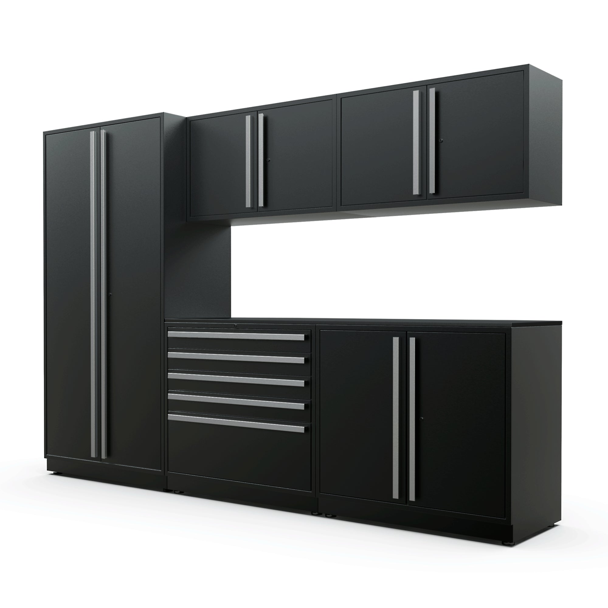 Proslat FusionPlus 10 ft MAX garage cabinet set in Black with Silver handles and a Powder Coated worktop