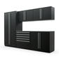 Proslat FusionPlus 10 ft MAX garage cabinet set in Black with Silver handles and a Stainless Steel worktop