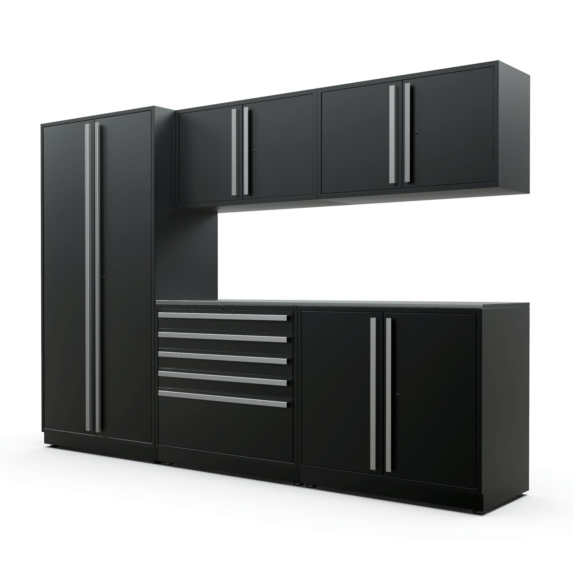 Proslat FusionPlus 10 ft MAX garage cabinet set in Black with Silver handles and a Stainless Steel worktop