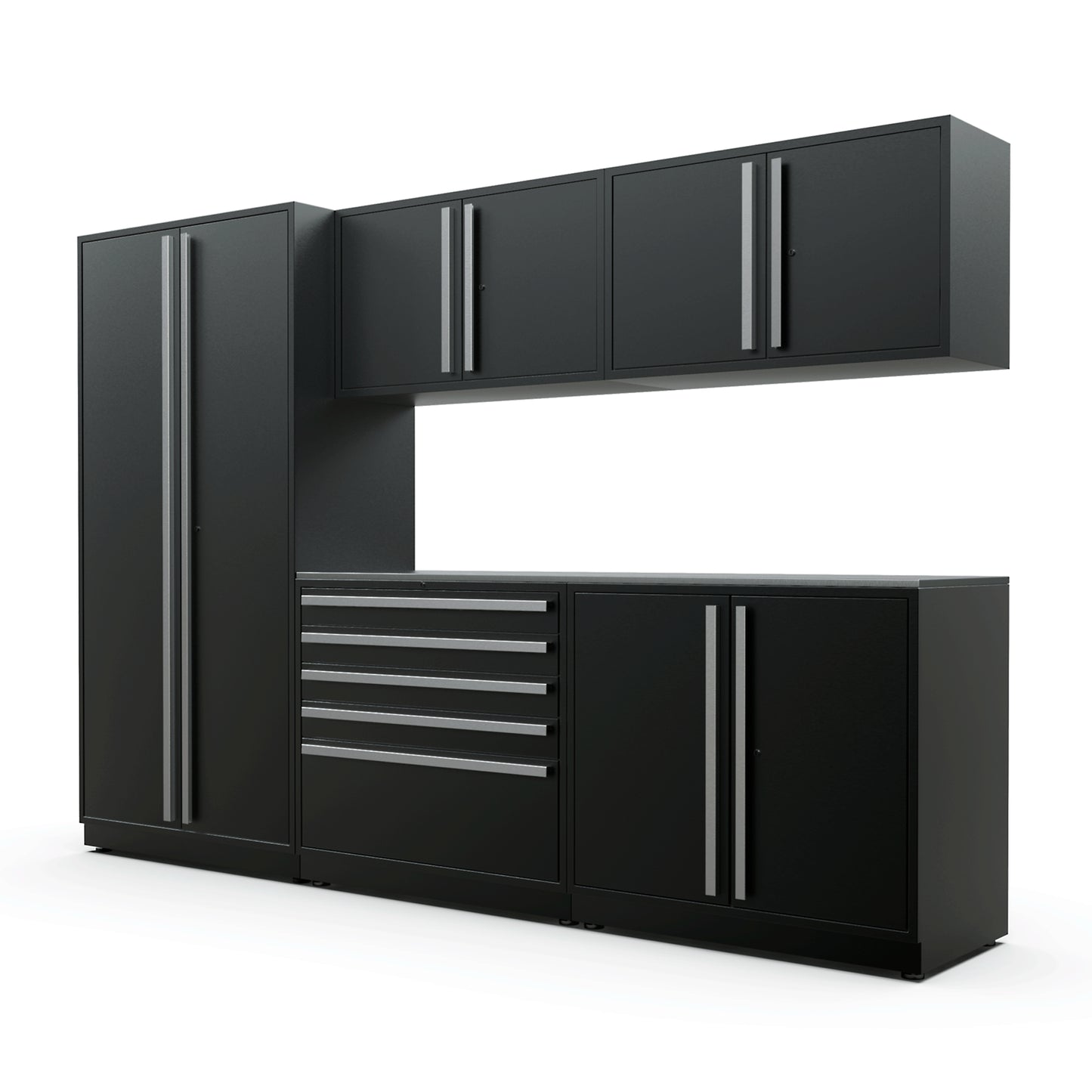 Proslat FusionPlus 10 ft MAX garage cabinet set in Black with Silver handles and a Stainless Steel worktop