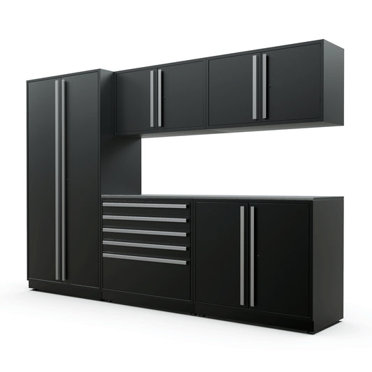 Proslat FusionPlus 10 ft MAX garage cabinet set in Black with Silver handles and a Stainless Steel worktop