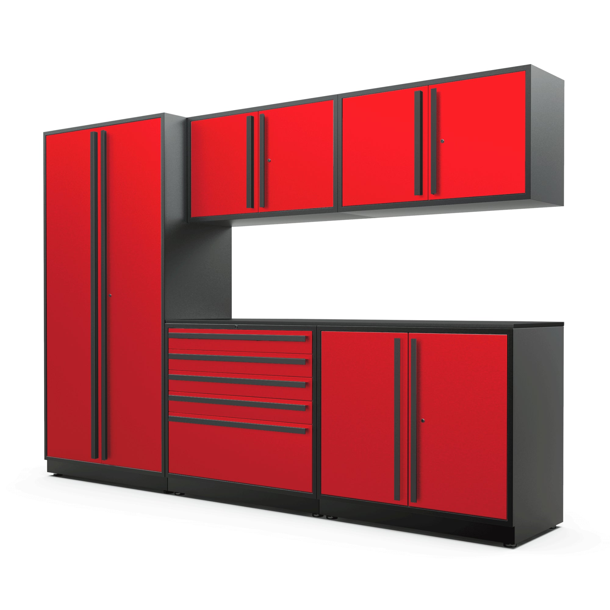 Proslat FusionPlus 10 ft MAX garage cabinet set in Traffic Red with Black handles and a Powder Coated worktop
