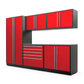 Proslat FusionPlus 10 ft MAX garage cabinet set in Traffic Red with Silver handles and a Stainless Steel worktop