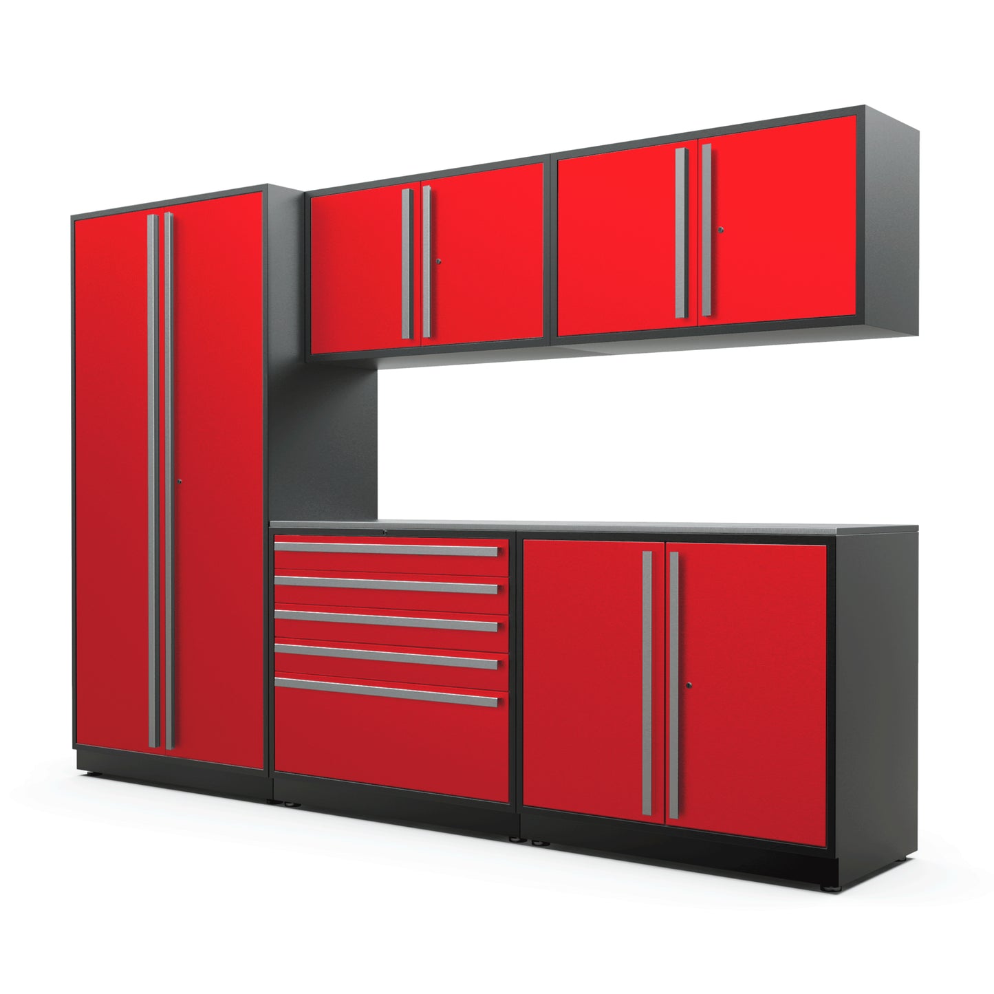 Proslat FusionPlus 10 ft MAX garage cabinet set in Traffic Red with Silver handles and a Stainless Steel worktop