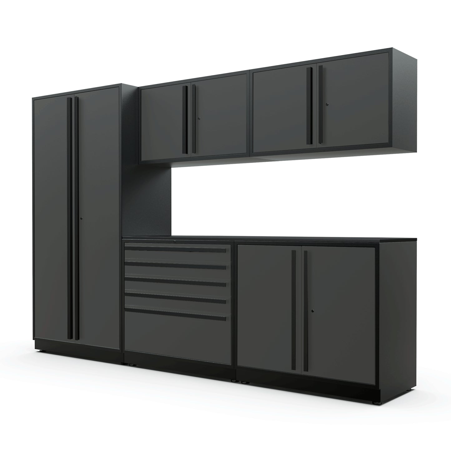 Proslat FusionPlus 10 ft MAX garage cabinet set in Traffic Gray with Black handles and a Powder Coated worktop