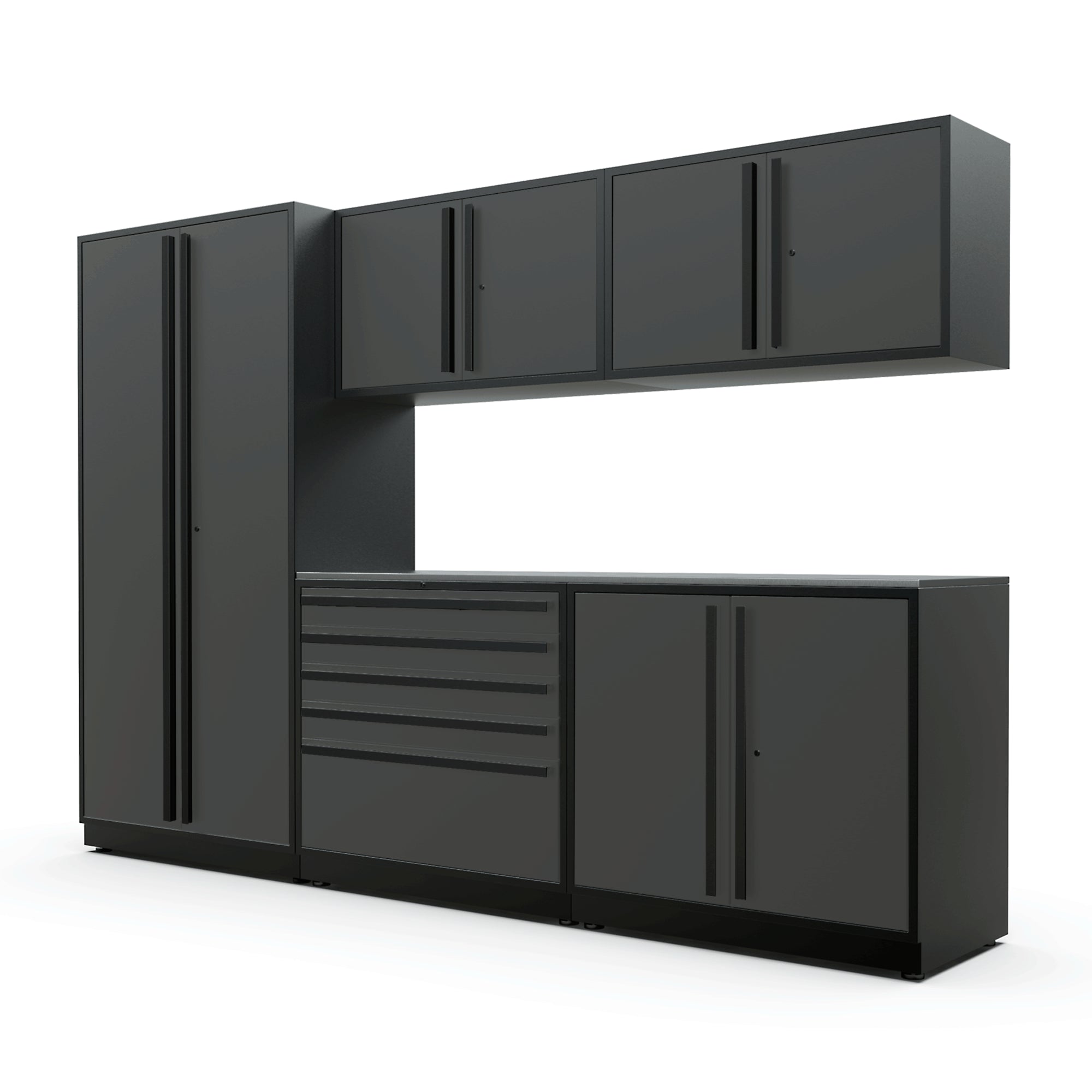 Proslat FusionPlus 10 ft MAX garage cabinet set in Traffic Gray with Black handles and a Stainless Steel worktop