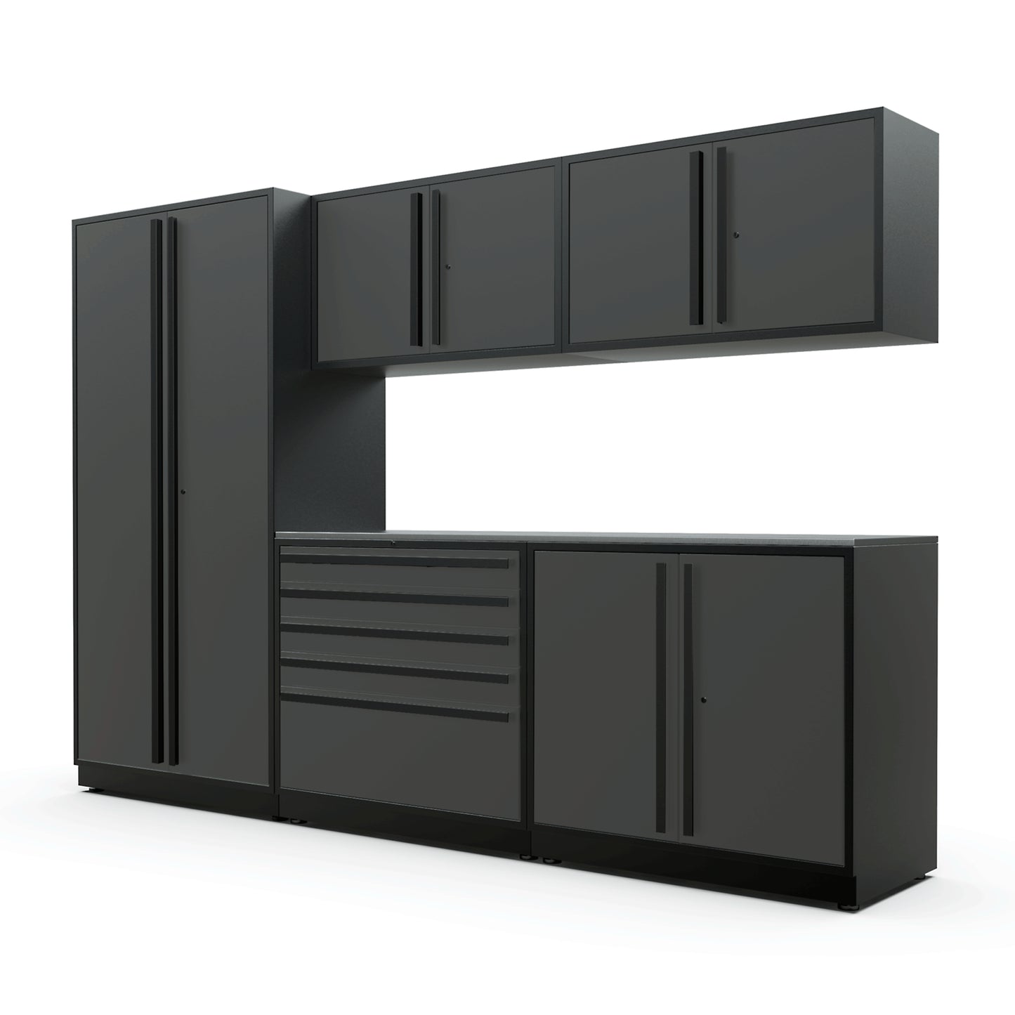 Proslat FusionPlus 10 ft MAX garage cabinet set in Traffic Gray with Black handles and a Stainless Steel worktop