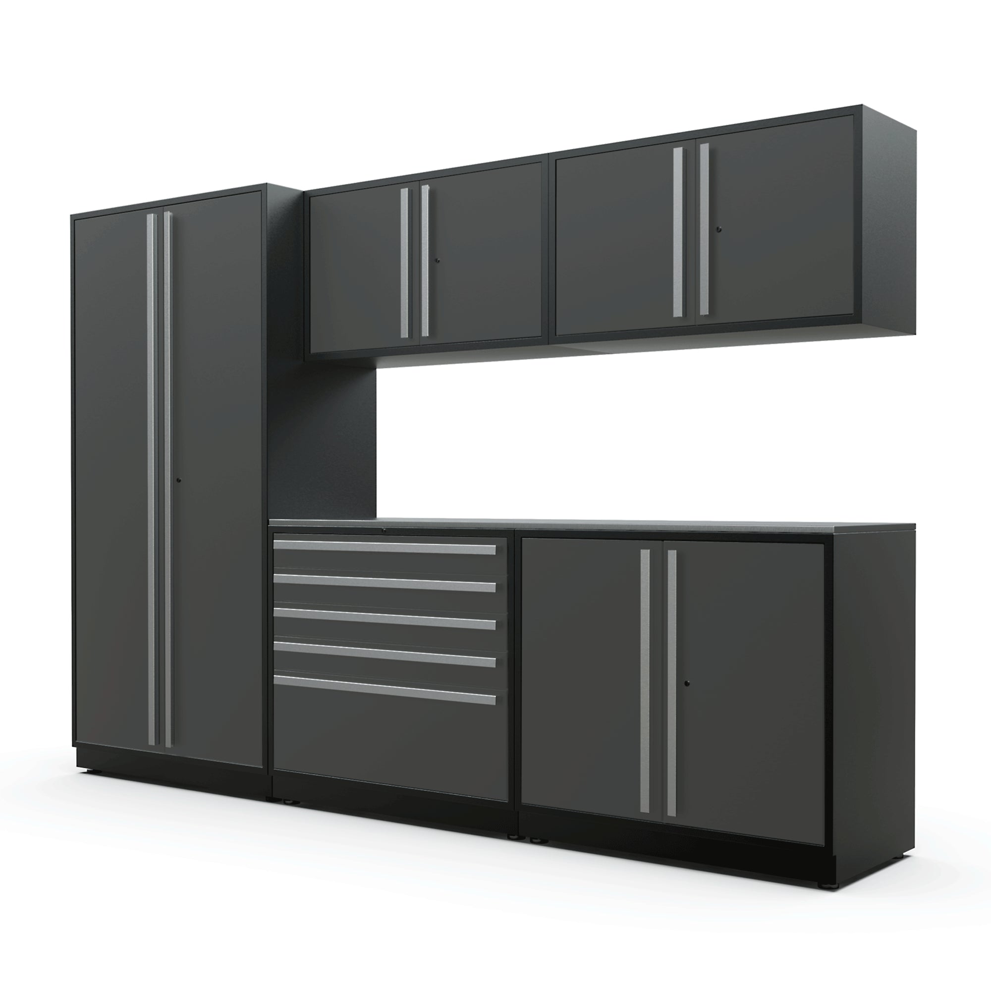 Proslat FusionPlus 10 ft MAX garage cabinet set in Traffic Gray with Silver handles and a Stainless Steel worktop