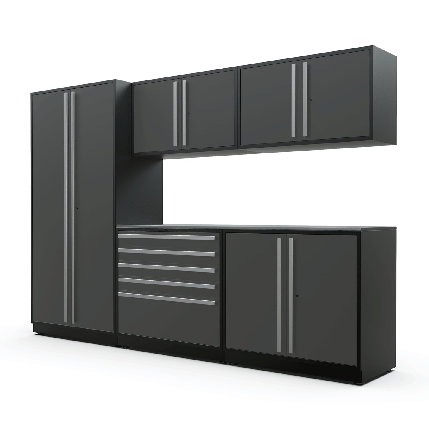Proslat FusionPlus 10 ft MAX garage cabinet set in Traffic Gray with Silver handles and a Stainless Steel worktop