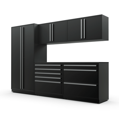 Proslat FusionPlus 10 ft TOOL garage cabinet set in Black with Silver or Black handles and a Powder Coated, Stainless Steel or Maple Wood worktop