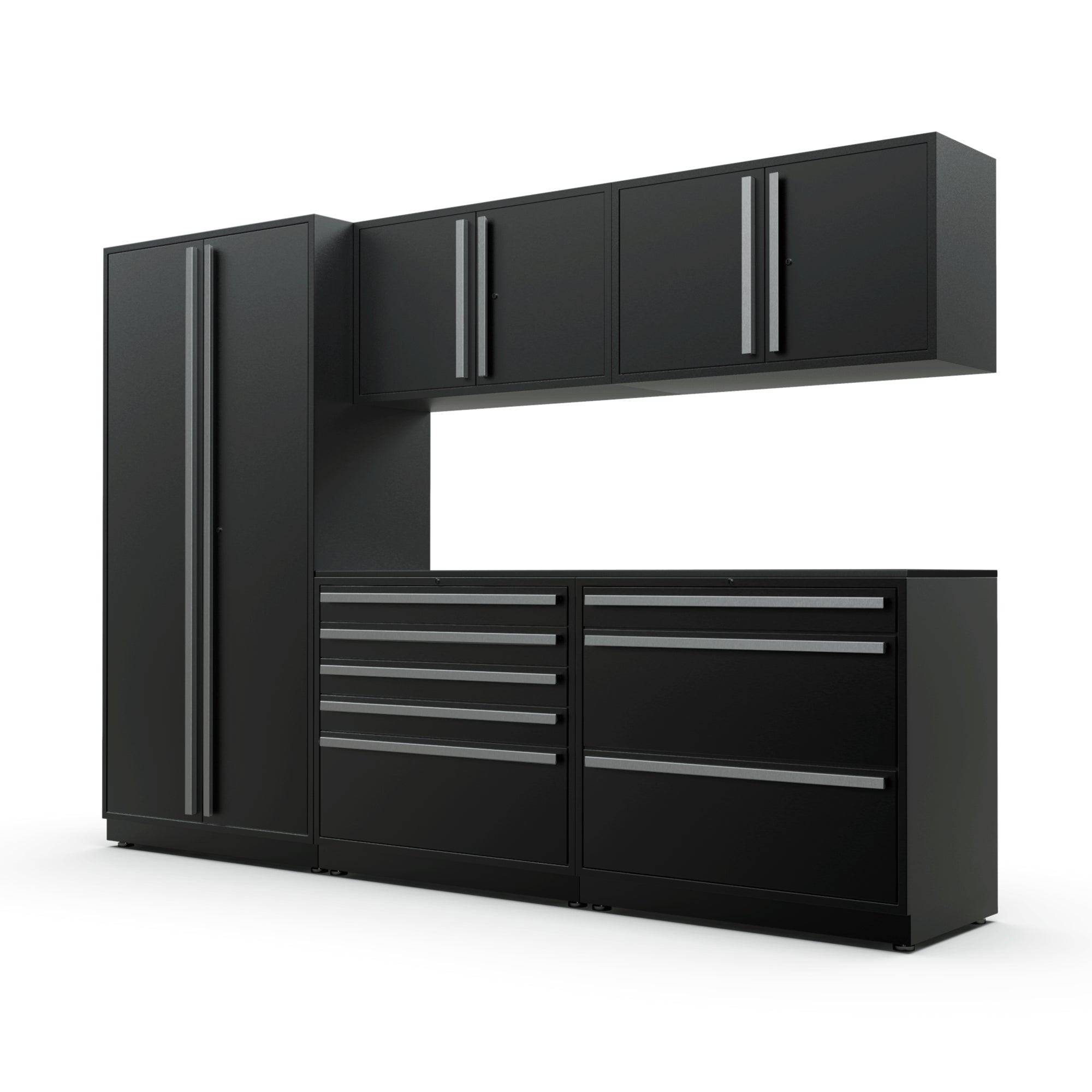 Proslat FusionPlus 10 ft TOOL garage cabinet set in Black with Silver or Black handles and a Powder Coated, Stainless Steel or Maple Wood worktop