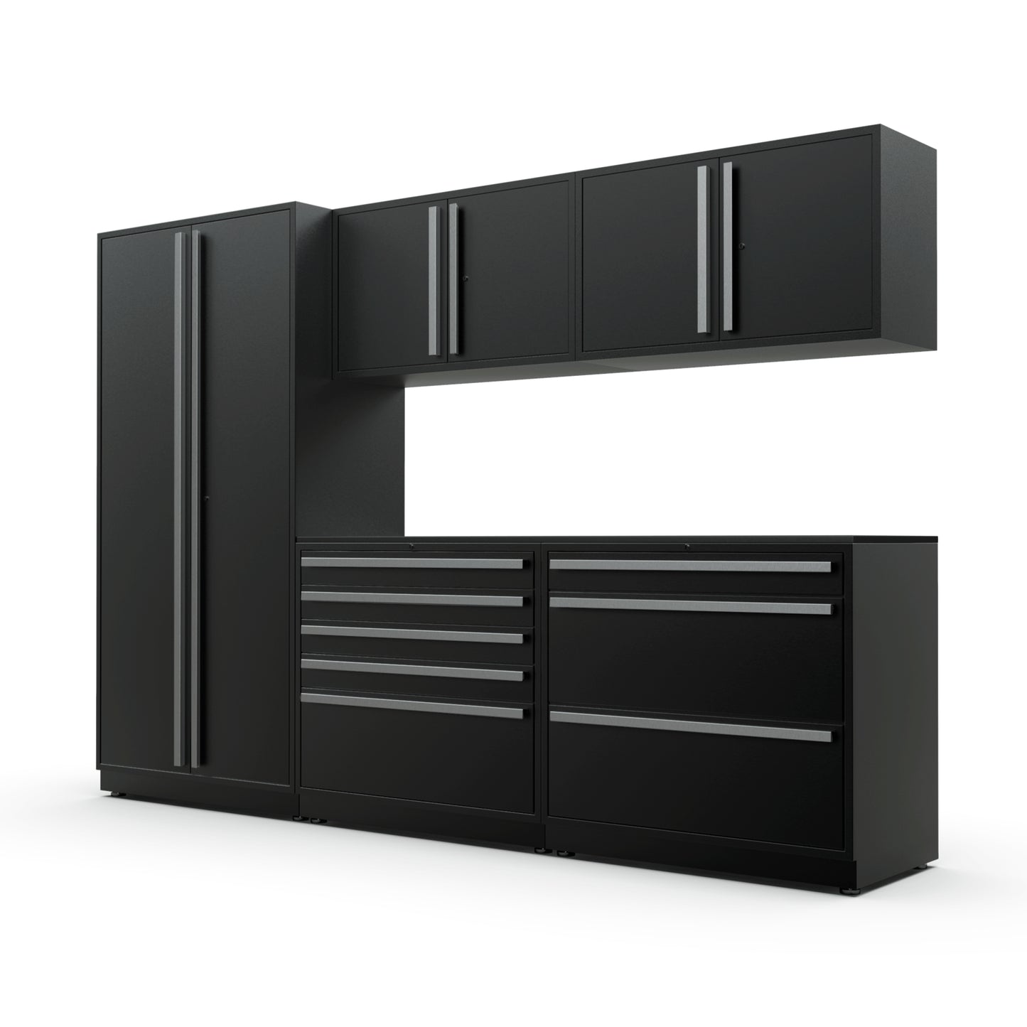 Proslat FusionPlus 10 ft TOOL garage cabinet set in Black with Silver or Black handles and a Powder Coated, Stainless Steel or Maple Wood worktop