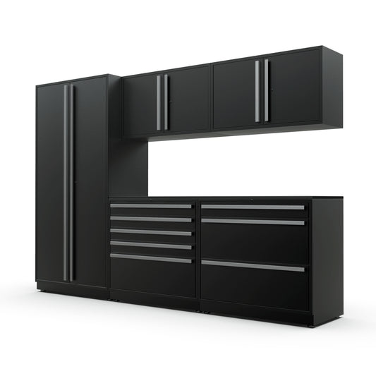 Proslat FusionPlus 10 ft TOOL garage cabinet set in Black with Silver or Black handles and a Powder Coated, Stainless Steel or Maple Wood worktop