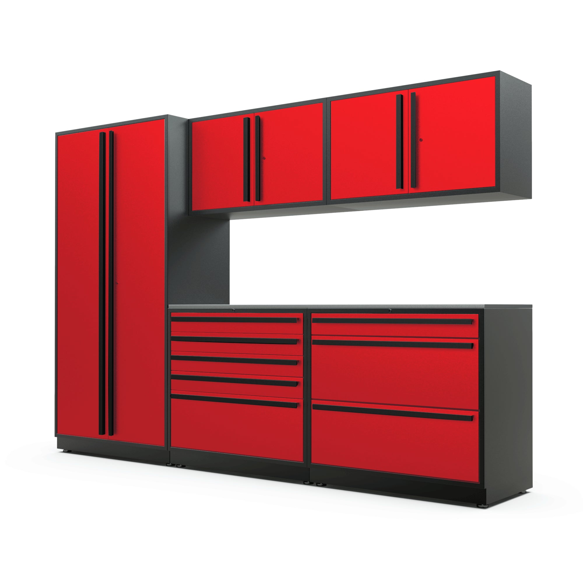 Proslat FusionPlus 10 ft TOOL garage cabinet set in Traffic Red with Black handles and a Stainless Steel worktop