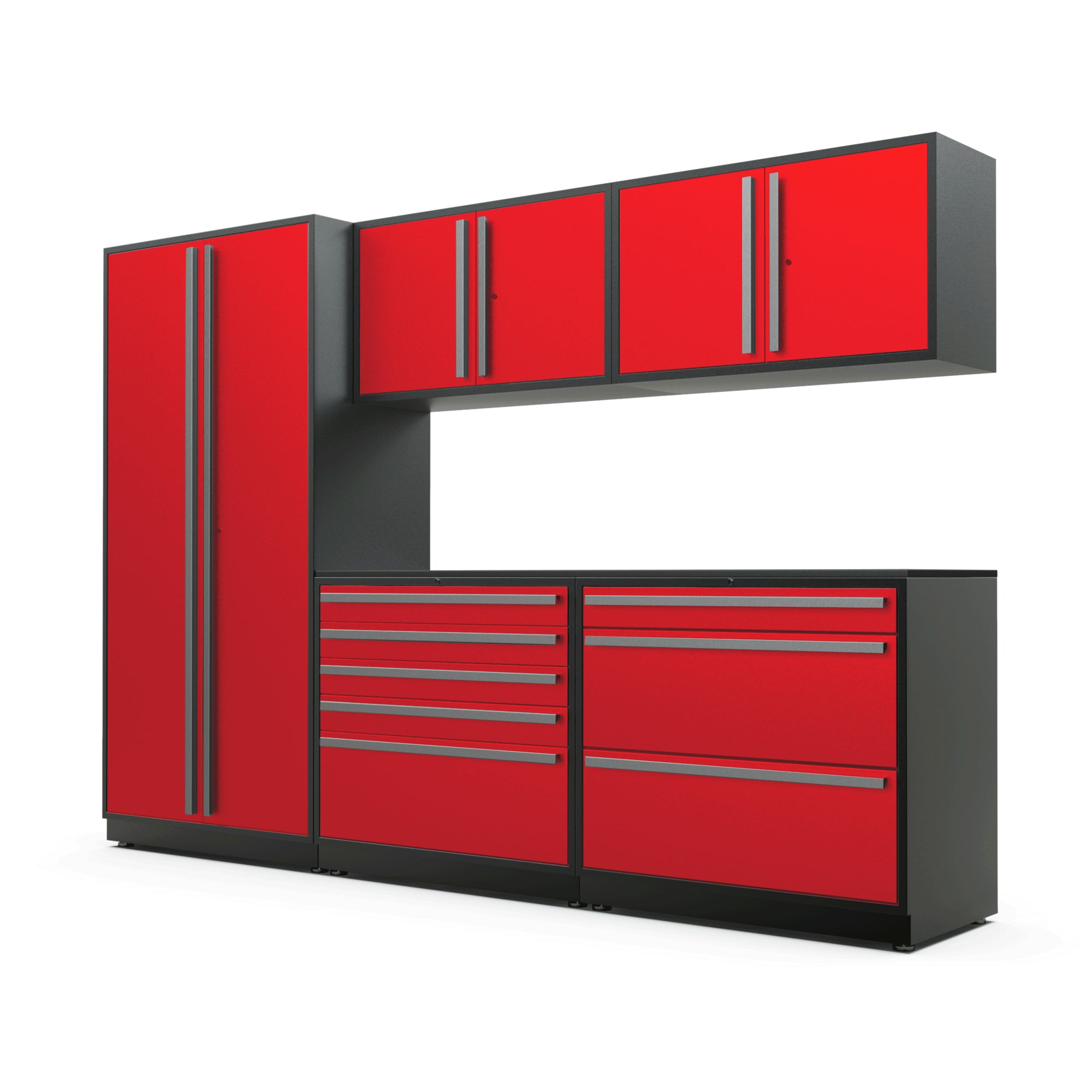 Proslat FusionPlus 10 ft TOOL garage cabinet set in Traffic Red with Silver handles and a Powder Coated worktop